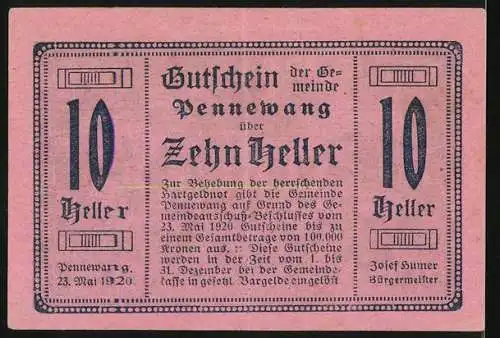 Notgeld Pennewang, 1920, 10 Heller, Gebäude und Landschaft mit Text über Ausgabe und Verwendung