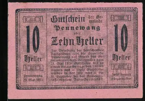 Notgeld Pennewang, 1922, 10 Heller, Gutschein zur Behebung der herrschenden Bargeldnot