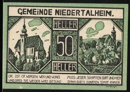 Notgeld Niederthalheim, 1920, 50 Heller, Kirche und Stadtansicht, Ausgabe zur Behebung der Hartgeldnot