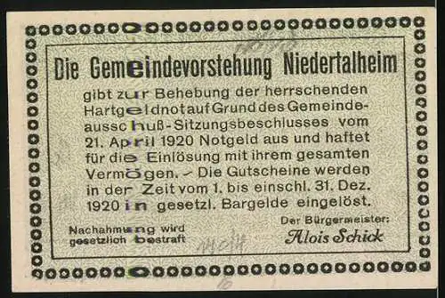 Notgeld Niederthalheim, 1920, 50 Heller, Kirche und Stadtansicht, Ausgabe zur Behebung der Hartgeldnot