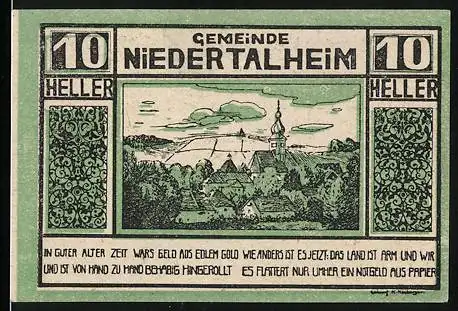 Notgeld Niederthalheim, 1920, 10 Heller, Gemeinde Niederthalheim mit Landschaftsbild und Text zur Einlösung