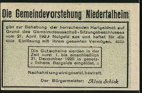 Notgeld Niederthalheim, 1920, 10 Heller, Gemeinde Niederthalheim mit Landschaftsbild und Text zur Einlösung