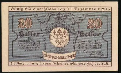 Notgeld Aigen 1920, 20 Heller, Marktszene mit Brunnen und Wappen mit Sigil des Marktes Aigen