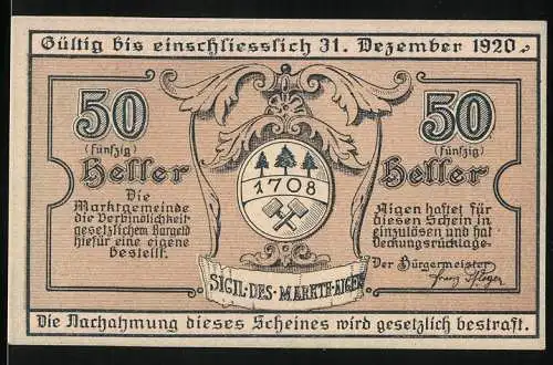 Notgeld Aigen 1920, 50 Heller, Gültig bis 31. Dezember 1920, Kirche und Gemeindewappen