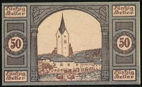 Notgeld Aigen 1920, 50 Heller, Gültig bis 31. Dezember 1920, Kirche und Gemeindewappen