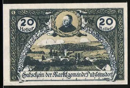 Notgeld Putzleinsdorf, 1920, 20 Heller, Gutschein der Marktgemeinde mit Landschaftsmotiv und Porträt