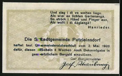 Notgeld Putzleinsdorf, 1920, 20 Heller, Gutschein der Marktgemeinde mit Landschaftsmotiv und Porträt