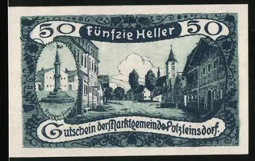 Notgeld Putzleinsdorf 1920, 50 Heller, Gutschein der Marktgemeinde mit Stadtansicht und Gedicht von Hanrieder