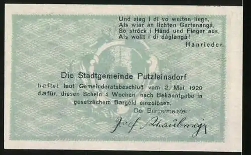 Notgeld Putzleinsdorf 1920, 50 Heller, Gutschein der Marktgemeinde mit Stadtansicht und Gedicht von Hanrieder