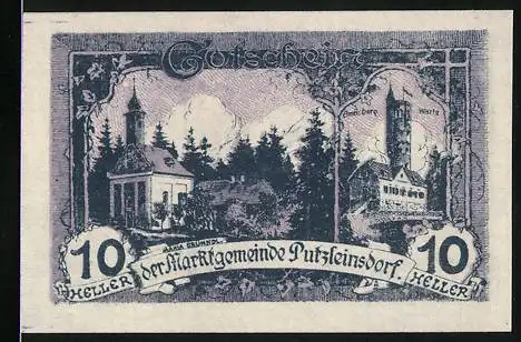 Notgeld Putzleinsdorf, 1920, 10 Heller, Gutscheinschein mit Landschaftsabbildung und Gemeindebeschluss