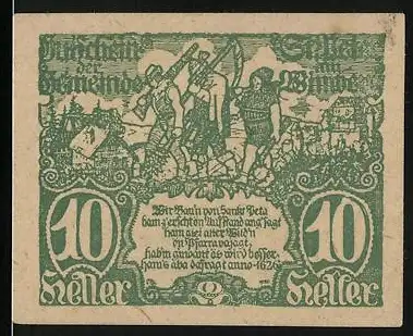 Notgeld St. Peter am Wimberg 1921, 10 Heller, grüne Drucke mit Wappen und Texten