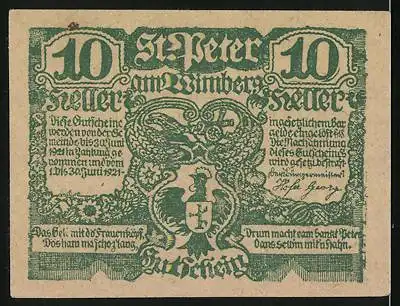 Notgeld St. Peter am Wimberg 1921, 10 Heller, grüne Drucke mit Wappen und Texten