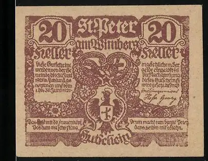 Notgeld St. Peter am Wimberg 1921, 20 Heller, Krieger und Dorfansicht