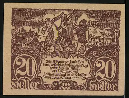 Notgeld St. Peter am Wimberg 1921, 20 Heller, Krieger und Dorfansicht