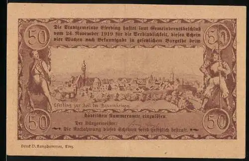 Notgeld Eferding 1920, 50 Heller, Stadtansicht mit historischen Figuren und Text über Haftung und Einlösung