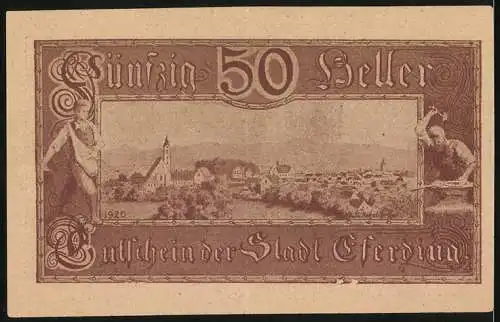 Notgeld Eferding 1920, 50 Heller, Stadtansicht mit historischen Figuren und Text über Haftung und Einlösung