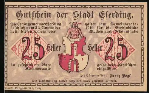 Notgeld Eferding, 1919, 25 Heller, Stadtwappen und Linzer Tor um 1800