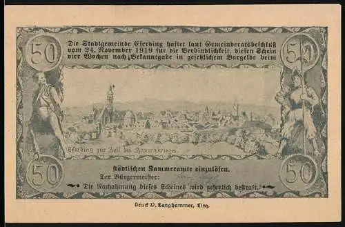 Notgeld Eferding 1920, 50 Heller, Stadtansicht und historische Szenen