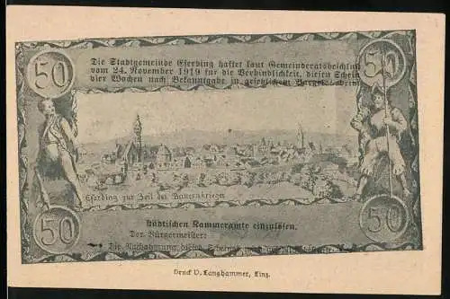 Notgeld Eferding, 1920, 50 Heller, Stadtansicht mit historischen Szenen, Druck D. Langhammer