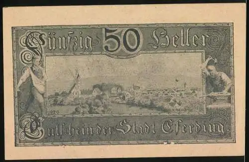 Notgeld Eferding, 1920, 50 Heller, Stadtansicht mit historischen Szenen, Druck D. Langhammer