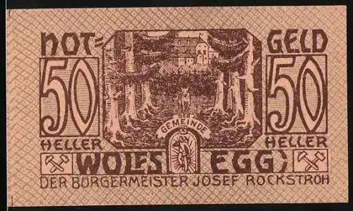 Notgeld Wolfsegg, 1922, 50 Heller, Bürgermeister Josef Rockstroh, Ortsansicht mit Wald