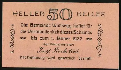 Notgeld Wolfsegg, 1922, 50 Heller, Bürgermeister Josef Rockstroh, Ortsansicht mit Wald