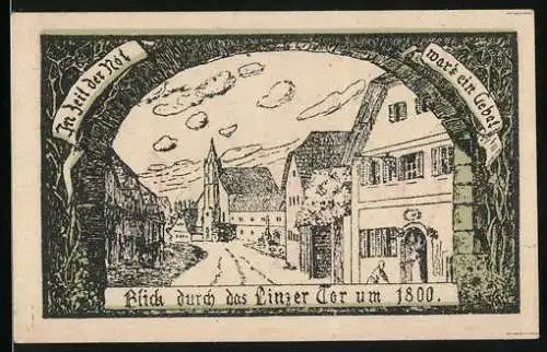 Notgeld Eferding, 1919, 10 Heller, Blick durch das Linzer Tor um 1800, Gutschein der Stadt Eferding