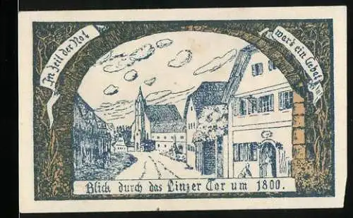 Notgeld Eferding 1919, 10 Heller, Blick durch das Linzer Tor und Stadtwappen mit Löwe