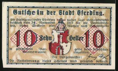 Notgeld Eferding 1919, 10 Heller, Blick durch das Linzer Tor und Stadtwappen mit Löwe