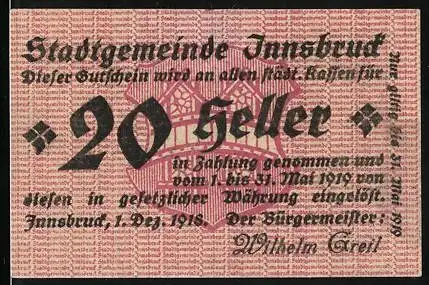 Notgeld Innsbruck 1918, 20 Heller, Stadtgemeinde Innsbruck, ausgegeben am 1. Dez. 1918, gültig bis 31. Mai 1919