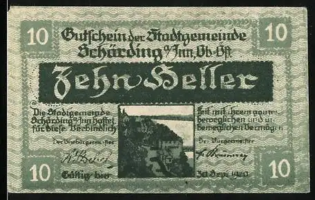 Notgeld Schärding 1920, 10 Heller, Gutschein der Stadtgemeinde Schärding mit Burgansicht und Stadtwappen