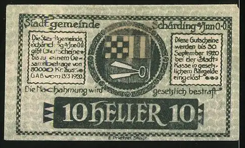 Notgeld Schärding 1920, 10 Heller, Gutschein der Stadtgemeinde Schärding mit Burgansicht und Stadtwappen