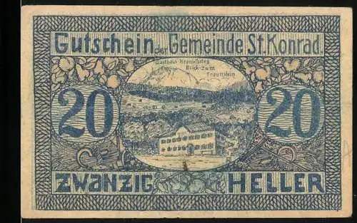 Notgeld St. Konrad, 1920, 20 Heller, Gastwirtschaft und Landschaftsmotiv, blauer Druck