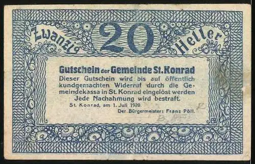 Notgeld St. Konrad, 1920, 20 Heller, Gastwirtschaft und Landschaftsmotiv, blauer Druck