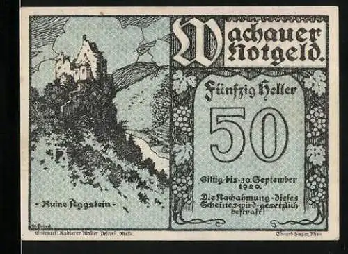 Notgeld Spitz / Donau 1920, 50 Heller, Ruine Aggstein, gültig bis 30. September 1920