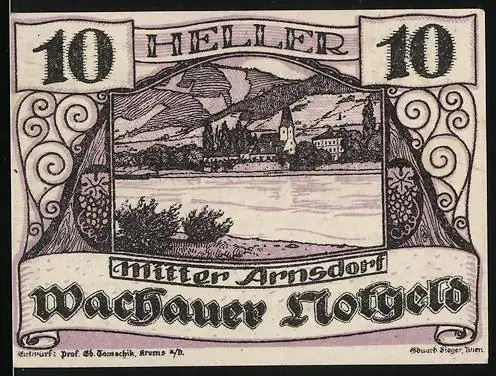 Notgeld Spitz / Donau 1920, 10 Heller, Wachauer Notgeld mit Landschaft und Text, Mitter Arnsdorf