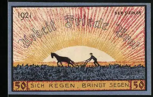 Notgeld Lockstedter Lager 1921, 50 Pfennig, Arbeit Friedet Brot und Leuchtturm-Motiv