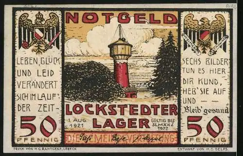 Notgeld Lockstedter Lager 1921, 50 Pfennig, Arbeit Friedet Brot und Leuchtturm-Motiv