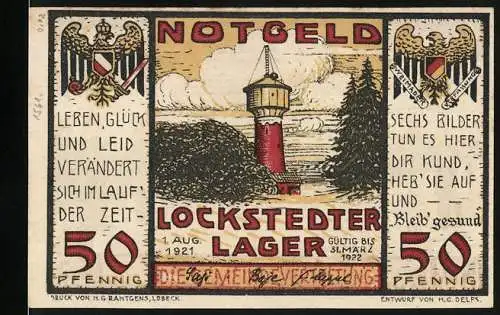 Notgeld Lockstedter Lager 1921, 50 Pfennig, Leuchtturm und Chinatruppen-Marsch, gültig bis 31. März 1922