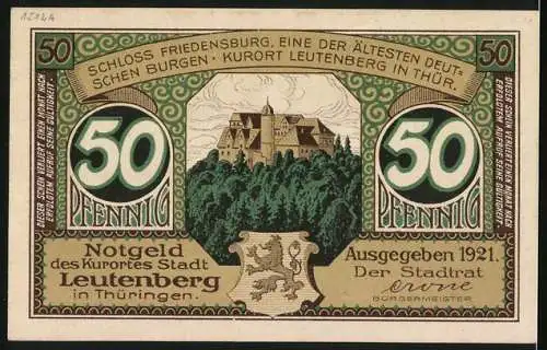 Notgeld Leutenberg, 1921, 50 Pfennig, Schloss Friedensburg und Frau mit Braten und Knödel