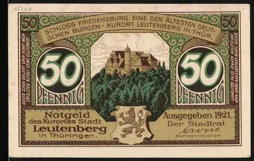 Notgeld Leutenberg 1921, 50 Pfennig, Schloss Friedensburg und Thüringer Klösse, Nr. 12086