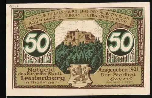 Notgeld Leutenberg, 1921, 50 Pfennig, Schloss Friedensburg und Thüringer Köstlichkeiten, Nr. 06223