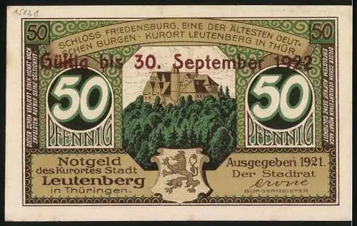 Notgeld Leutenberg 1921, 50 Pfennig, Schloss Friedensburg und Thüringer Spezialitäten