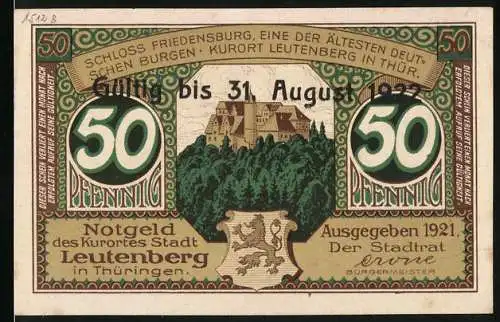 Notgeld Leutenberg 1921, 50 Pfennig, Schloss Friedensburg und Thüringer Küche