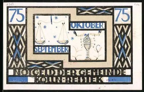 Notgeld Kölln-Reisiek, 1921, 75 Pfennig, September-Oktober Motive, Sonnen- und Mondgestaltung