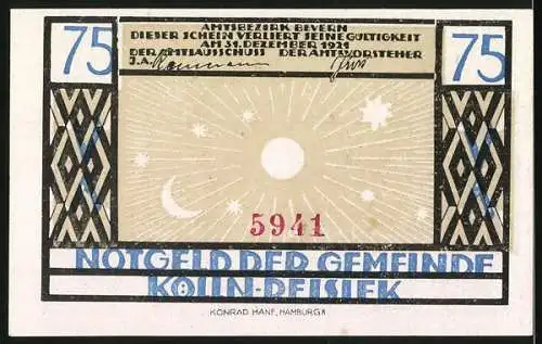 Notgeld Kölln-Reisiek, 1921, 75 Pfennig, September-Oktober Motive, Sonnen- und Mondgestaltung