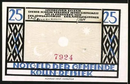 Notgeld Kölln-Reisiek, 1921, 25 Pfennig, Gestaltet mit Ziegenbock und Kuh