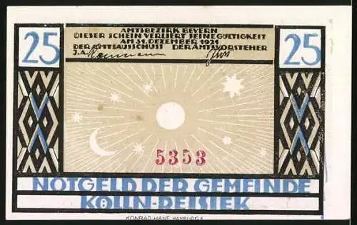 Notgeld Kölln-Reisiek, 1921, 25 Pfennig, Fabelwesen und Himmelskörper Design