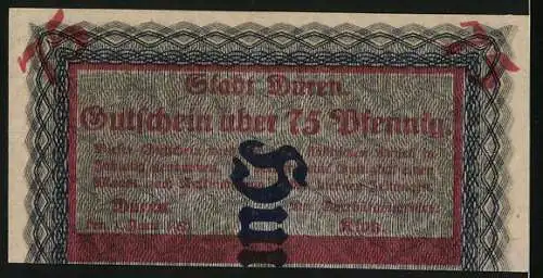 Notgeld Düren, 1921, 75 Pfennig, Gutschein mit blau-rotem Muster und Text in Schwarz