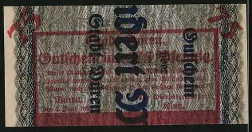 Notgeld Düren, 1920, 75 Pfennig, Gutschein über 75 Pfennig, dunkelblau /rot, ausgegeben am 1. Juni 1920